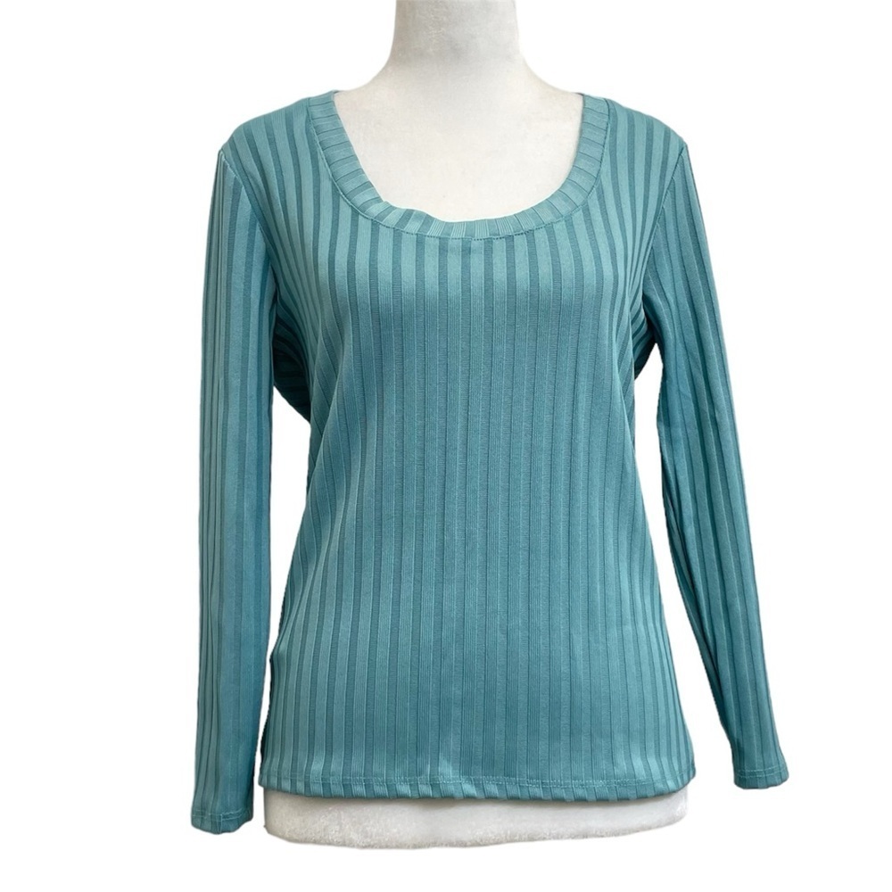 Mango Sea Foam Blue Ribbed Knit Scoop Neck Stretch Top